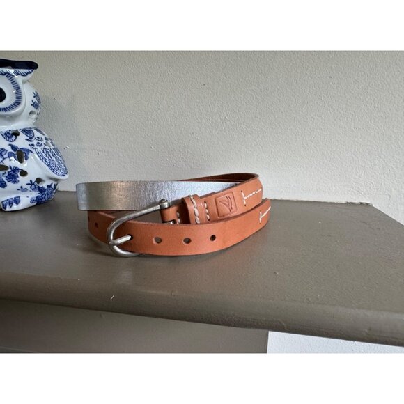 Sperry Leather Belt Silver Metallic & Brown Thin Womens Medium Preppy Twee - Picture 2 of 9